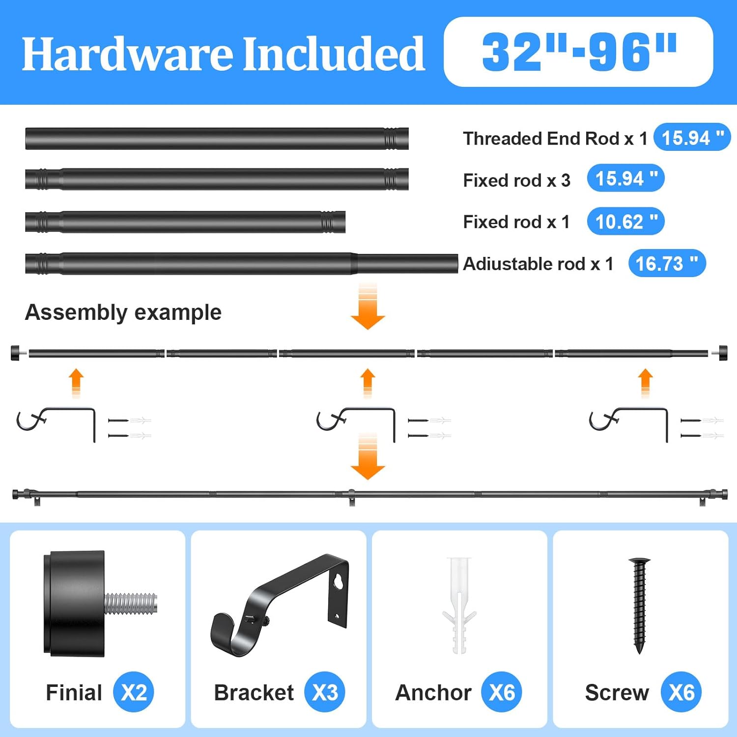Curtain Rods for Windows 32-90 Inch, 1 Inch Adjustable Black Curtain Rod Set with Brackets, Easy Install